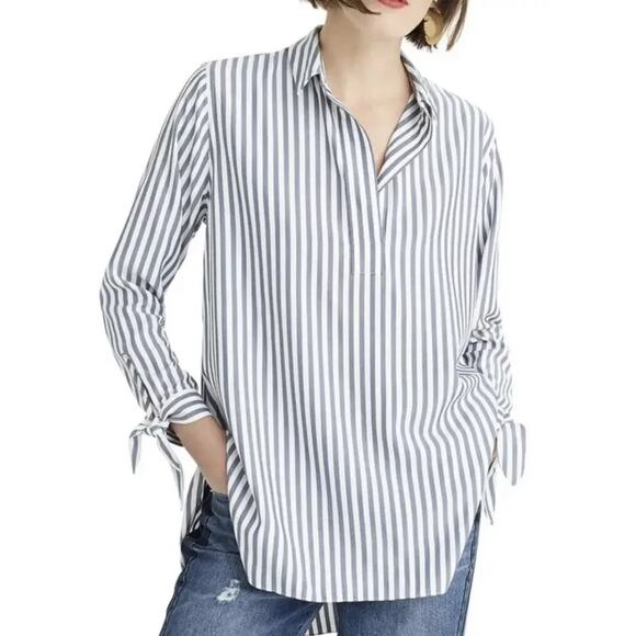 J. Crew Blue White Striped Collared Tie Sleeve Classic Preppy Popover Shirt M - Picture 1 of 7
